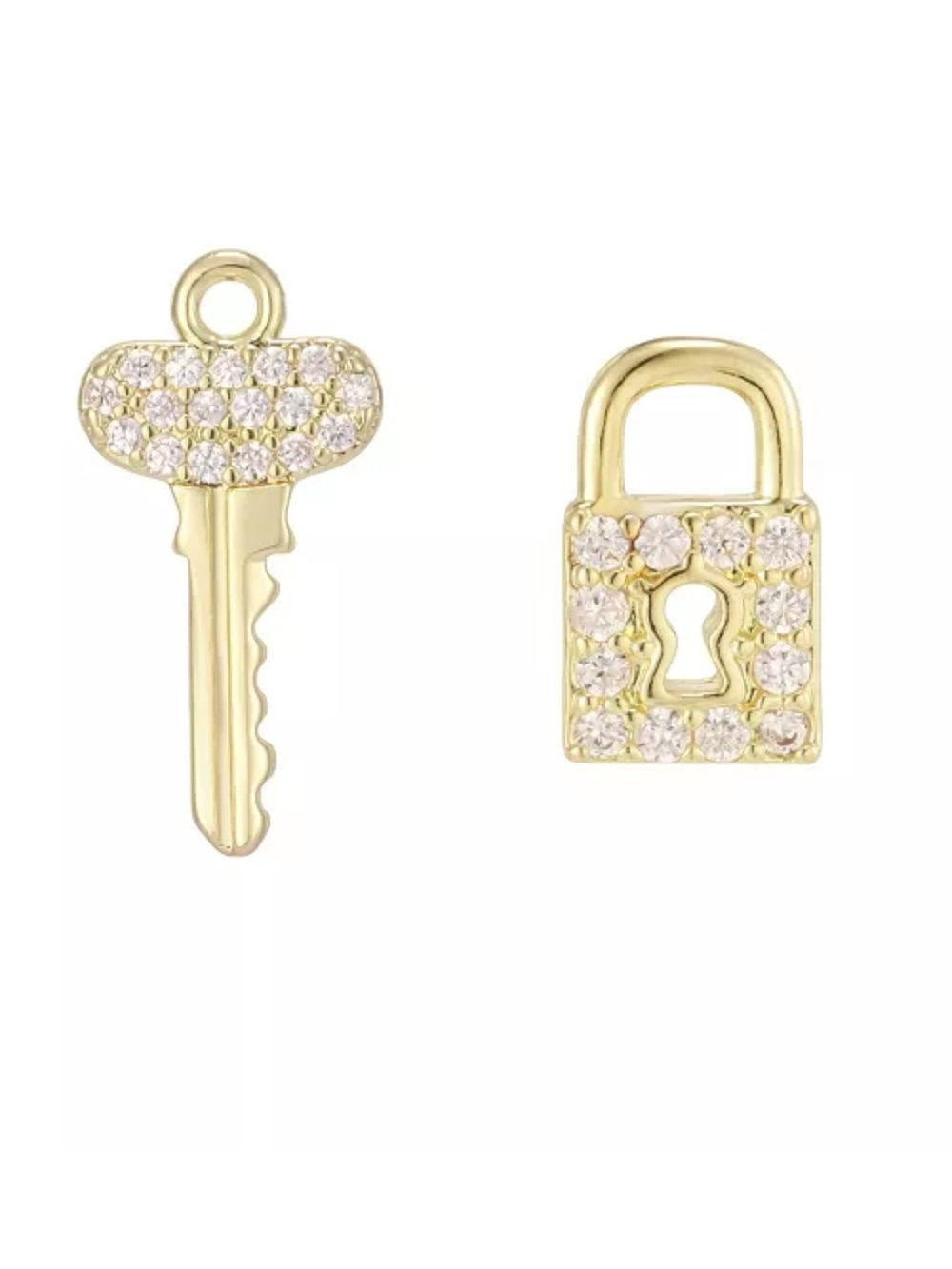 Adornia Gold-Plated Cubic Zirconia Mismatched Lock Key Stud Earrings/Bnwt